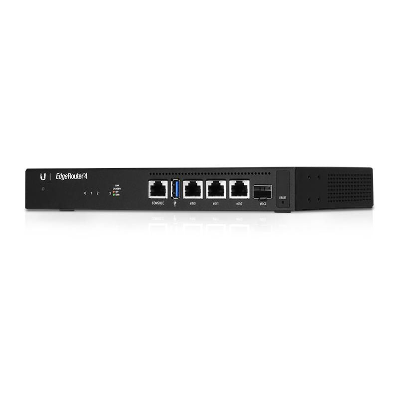 Ubiquiti EdgeRouter 4, 4-Core 1GHz MIPS64, 1GB DDR3, 4GB eMMC, 8MB SPI NOR, 13W, (3) 10/100/1000 Ethernet Router Ports, (1) 1Gbps SFP Port, (1) RJ45 Serial