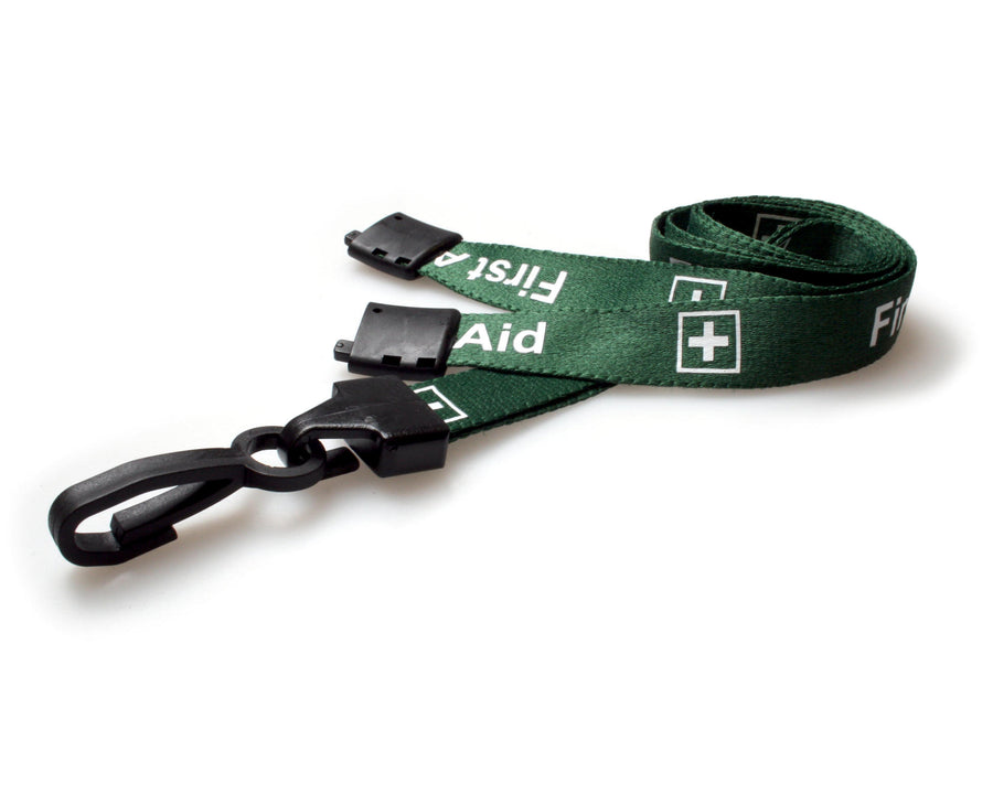 15mm Recycled Green First Aid Lanyards with Plastic J Clip (Pack of 100)