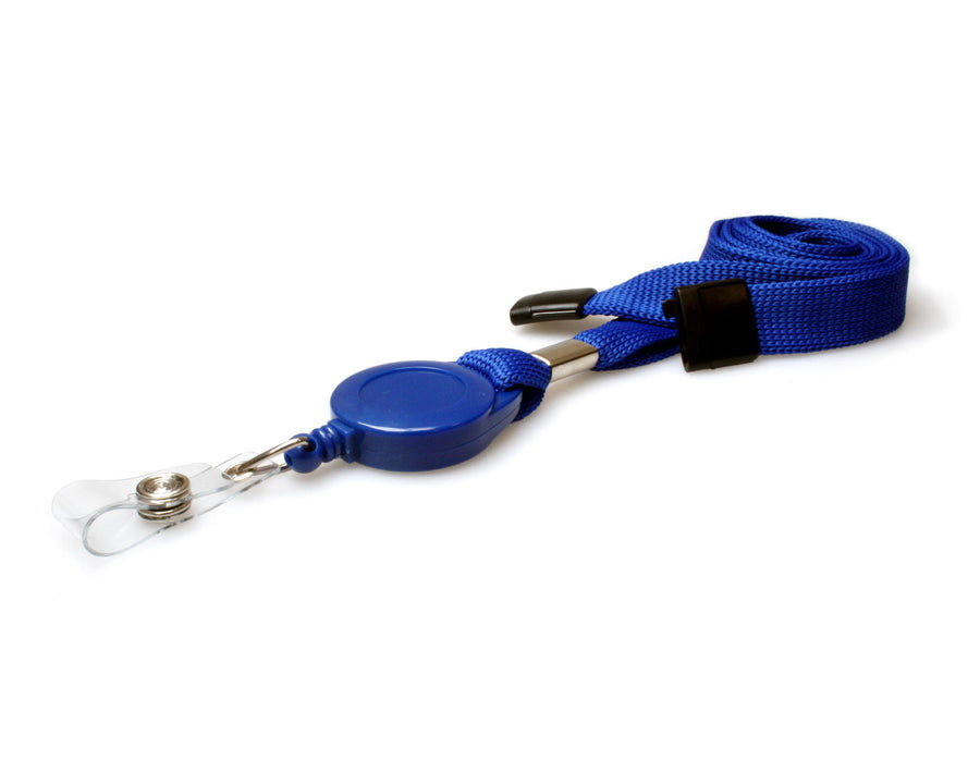 16mm Mid Blue Tubular Flexiweave Breakaway Lanyards with attached Mini Yoyo Card Reel & Clear Vinyl Strap (Pack of 50)
